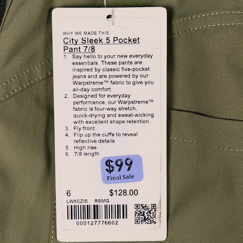 Lululemon City Sleek 5 Pocket Pant 7/8 Womens 6 Rosemary Green Ankle Warpstreme - Picture 4 of 11